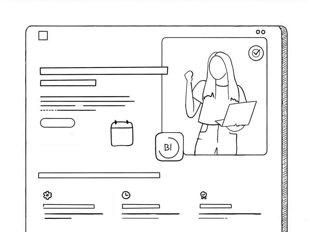 Wireframe eines klar strukturierten Webdesigns für den B1-Kurse-Onepager.