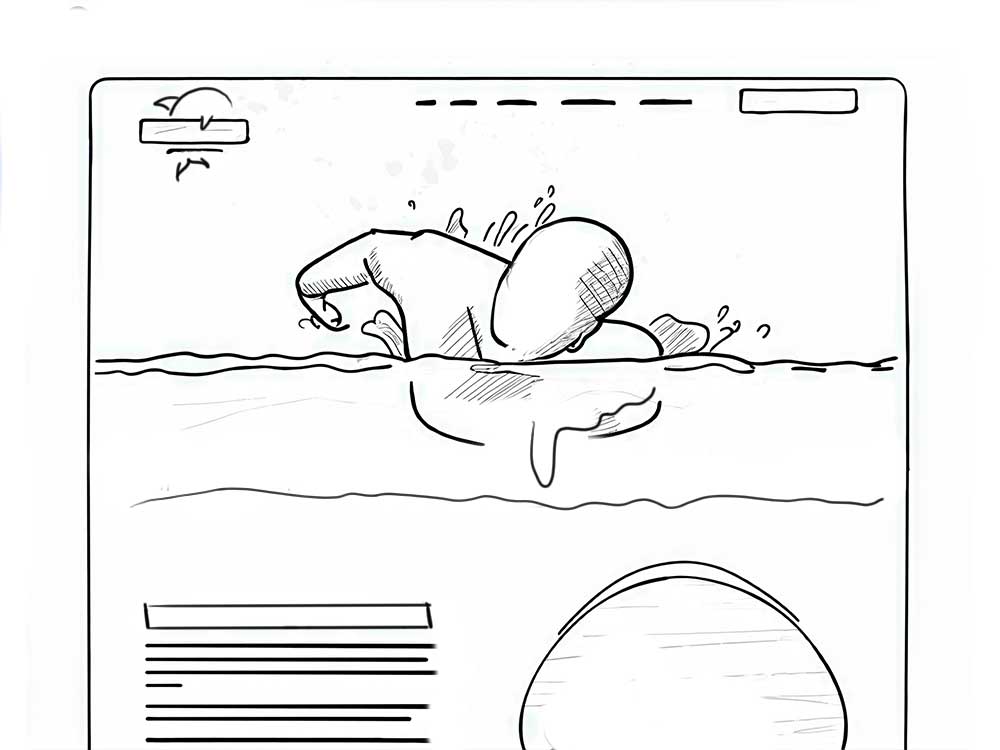 Handgezeichnete Skizze der Homepage-Hero-Sektion für die Dresdner Delphine mit Platzhaltern für Texte, Bildern und blauen Wellenformen