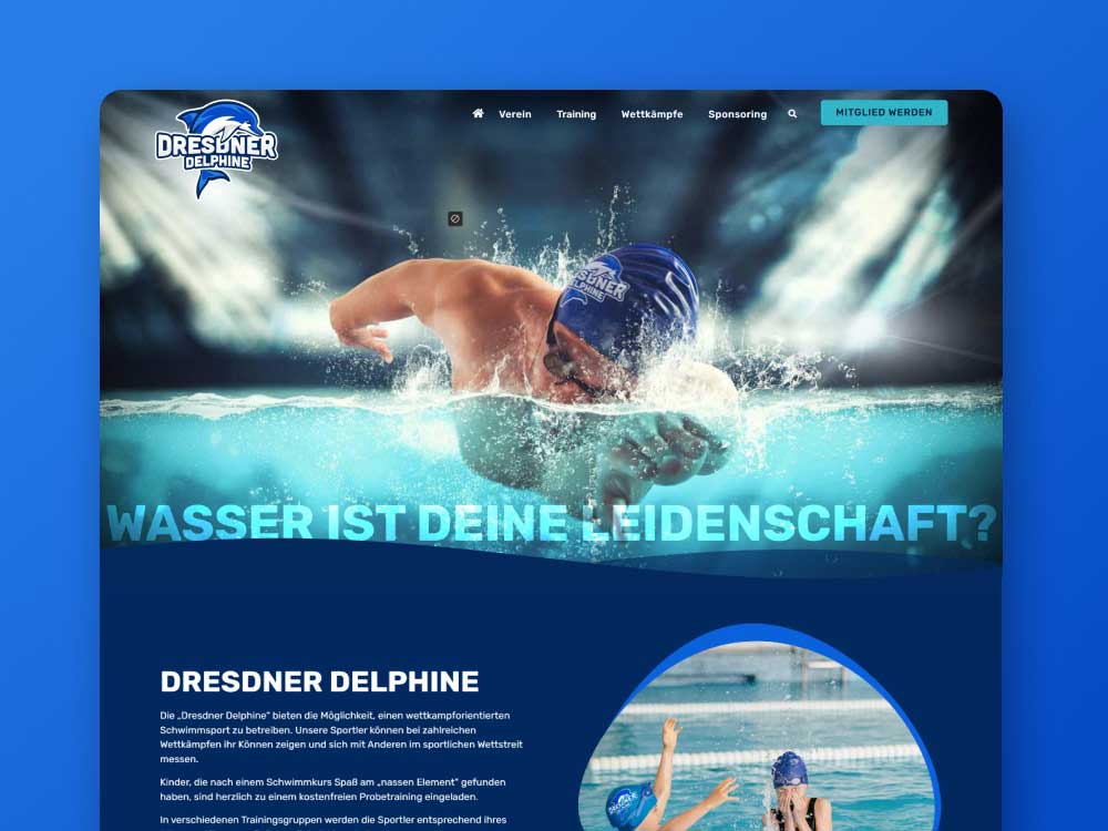 Screenshot der entwickelten Homepage-Hero-Sektion der Dresdner Delphine (Dresden) mit einem großen Cover-Foto, blauen Wellenformen und dynamischen Inhalten