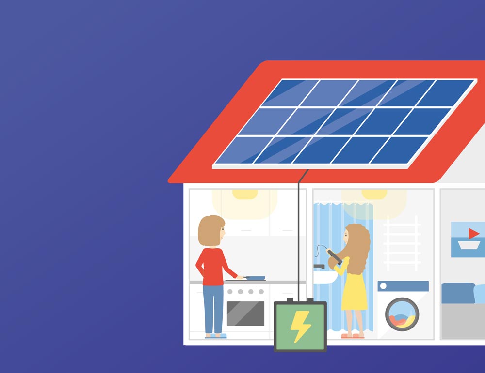 Erkläranimation zur Solaranlage, die den Energiefluss von Tag und Nacht zeigt.